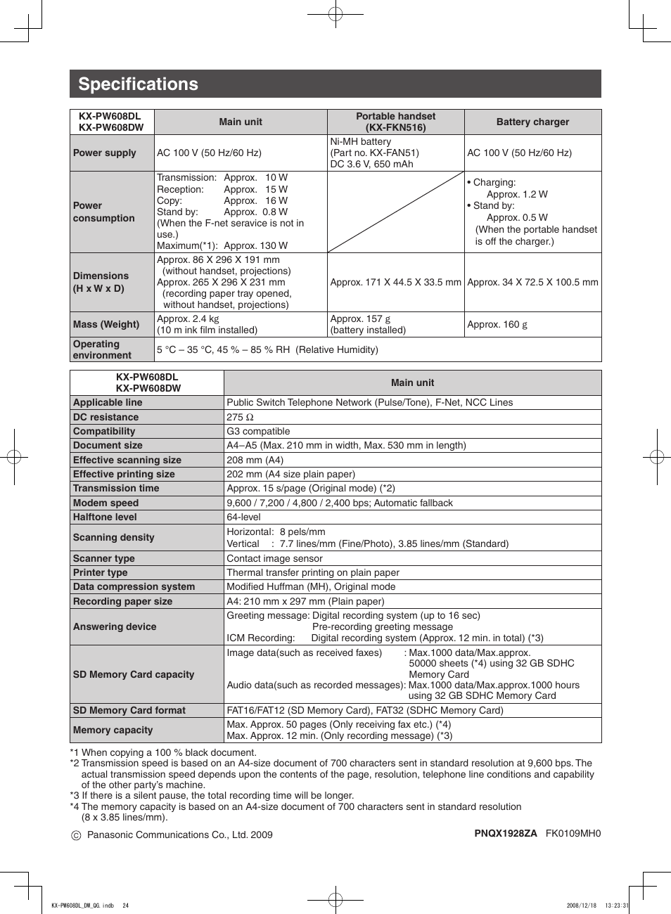 Specifications | Panasonic KX-PW608DL User Manual | Page 24 / 24