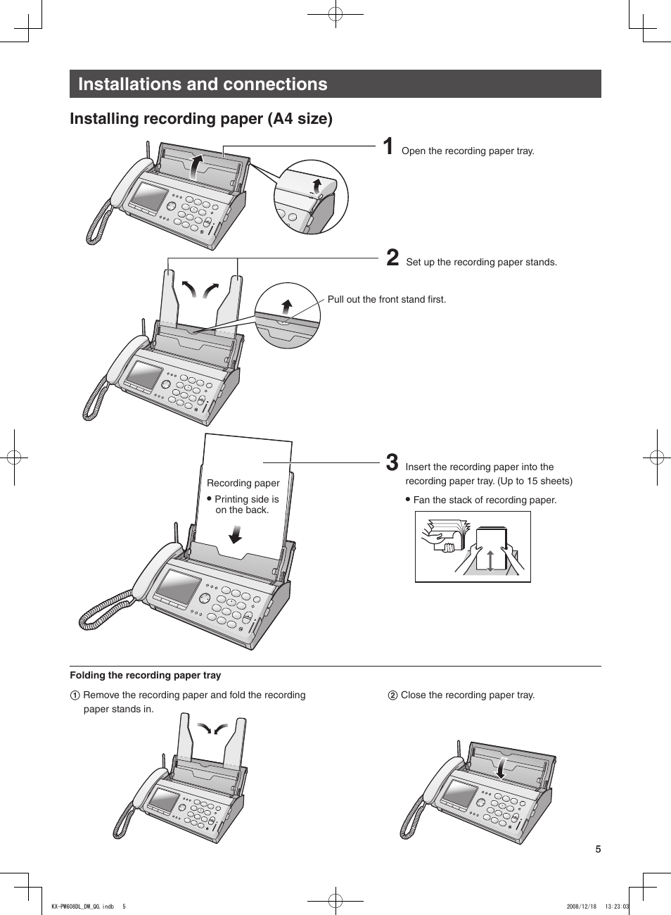 Installations and connections, Installing recording paper (a4 size) | Panasonic KX-PW608DL User Manual | Page 5 / 24