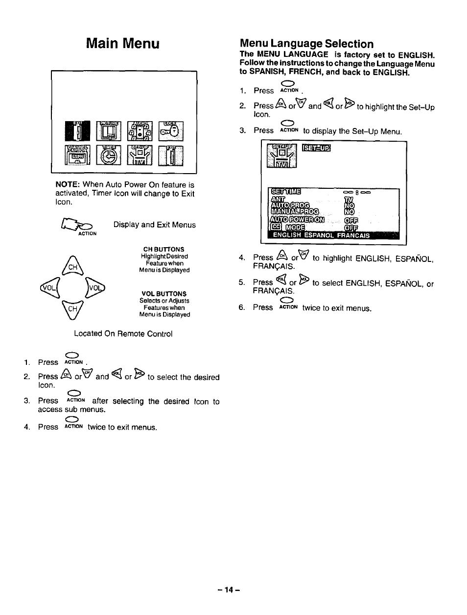 Menu language selection, Main menu | Panasonic CT-20G12 User Manual | Page 14 / 24