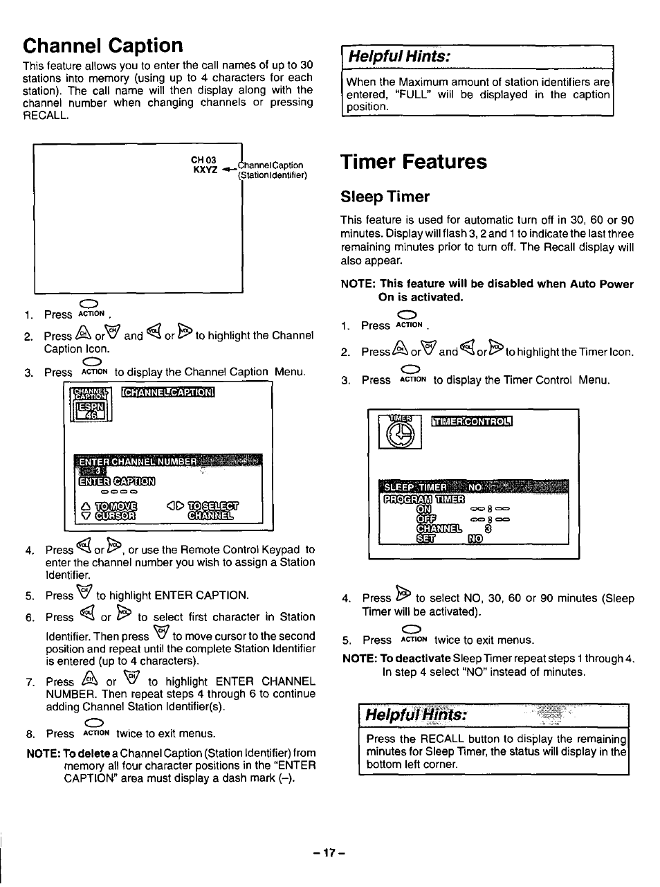 Sleep timer, Channel caption, Timer features | Helpful hints, Helpfuimhts | Panasonic CT-20G12 User Manual | Page 17 / 24