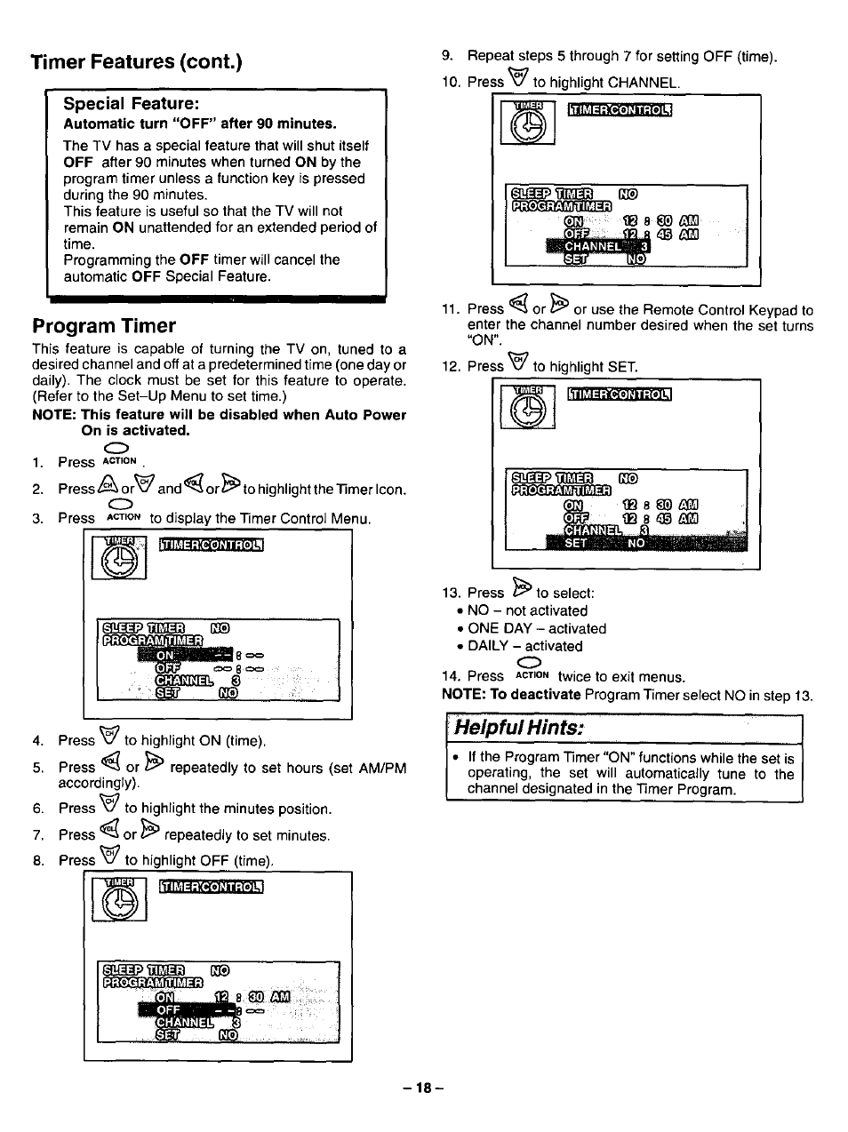 Timer features (cont.), Special feature, Program timer | Program ttmer, Ssmrn, Tielpful hints | Panasonic CT-20G12 User Manual | Page 18 / 24