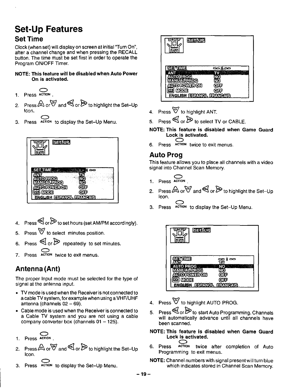 Set time, Auto prog, Antenna (ant) | Set-up features | Panasonic CT-20G12 User Manual | Page 19 / 24