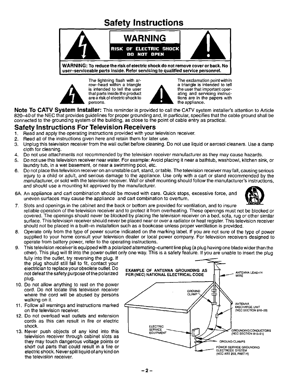 Safety instructions for television receivers, Safety instructions warning | Panasonic CT-20G12 User Manual | Page 2 / 24