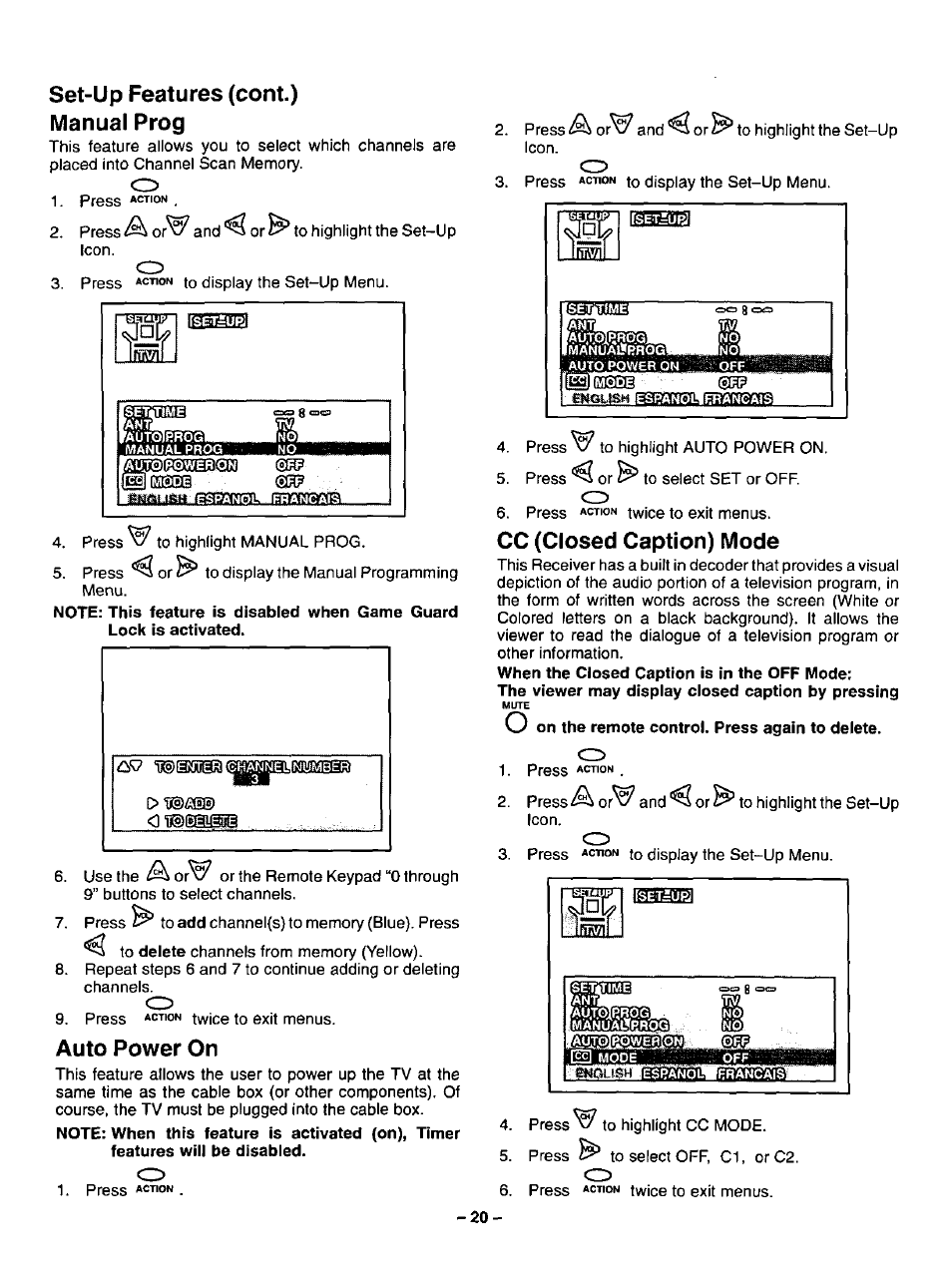 Set-up features (cent.), Manual prog, Auto power on | Cc (closed caption) mode, Set-up features (cent.) manual prog | Panasonic CT-20G12 User Manual | Page 20 / 24