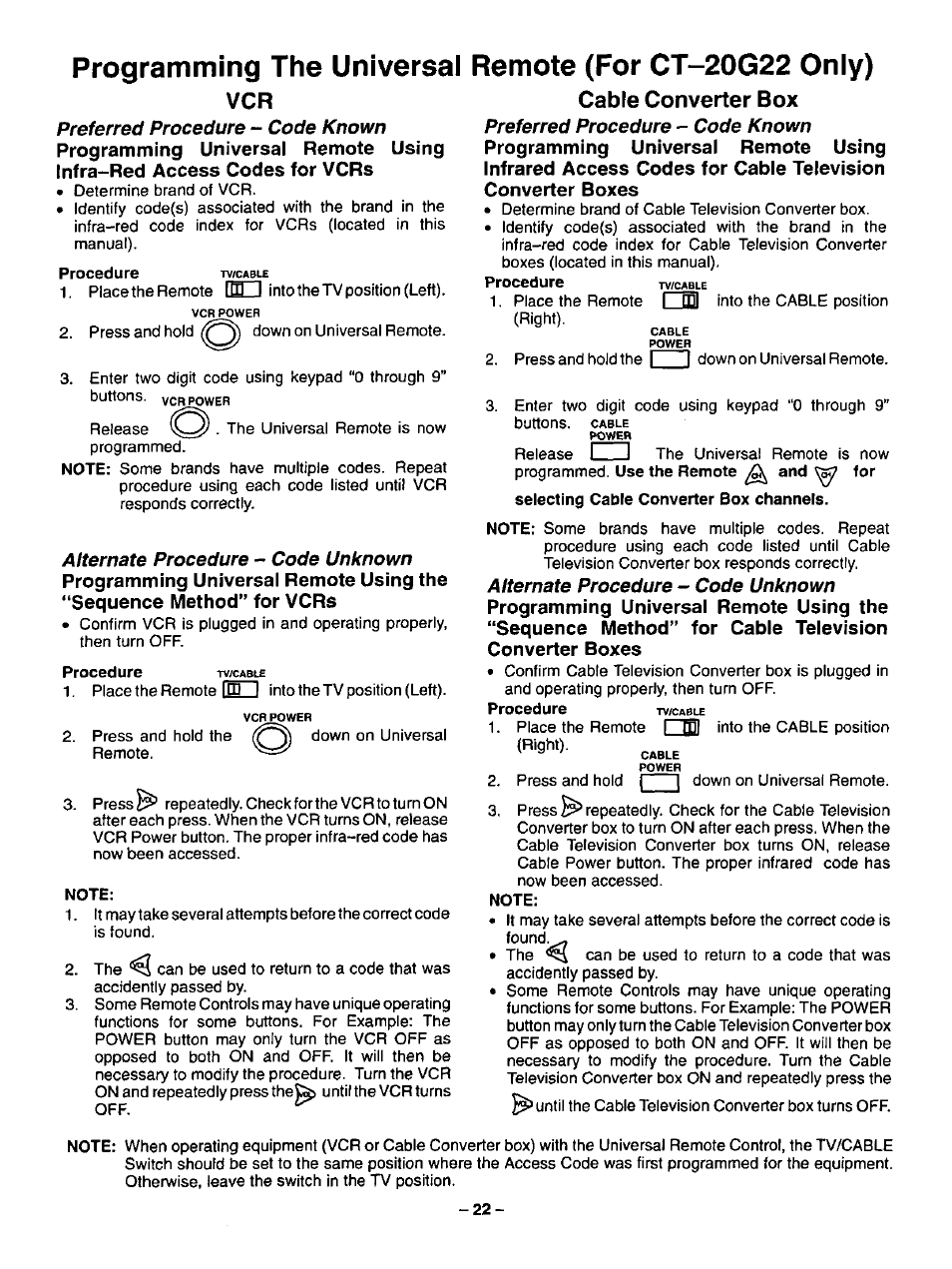Note, Cable converter box, Programming the universal | Remote (for ct-20g22 only) | Panasonic CT-20G12 User Manual | Page 22 / 24