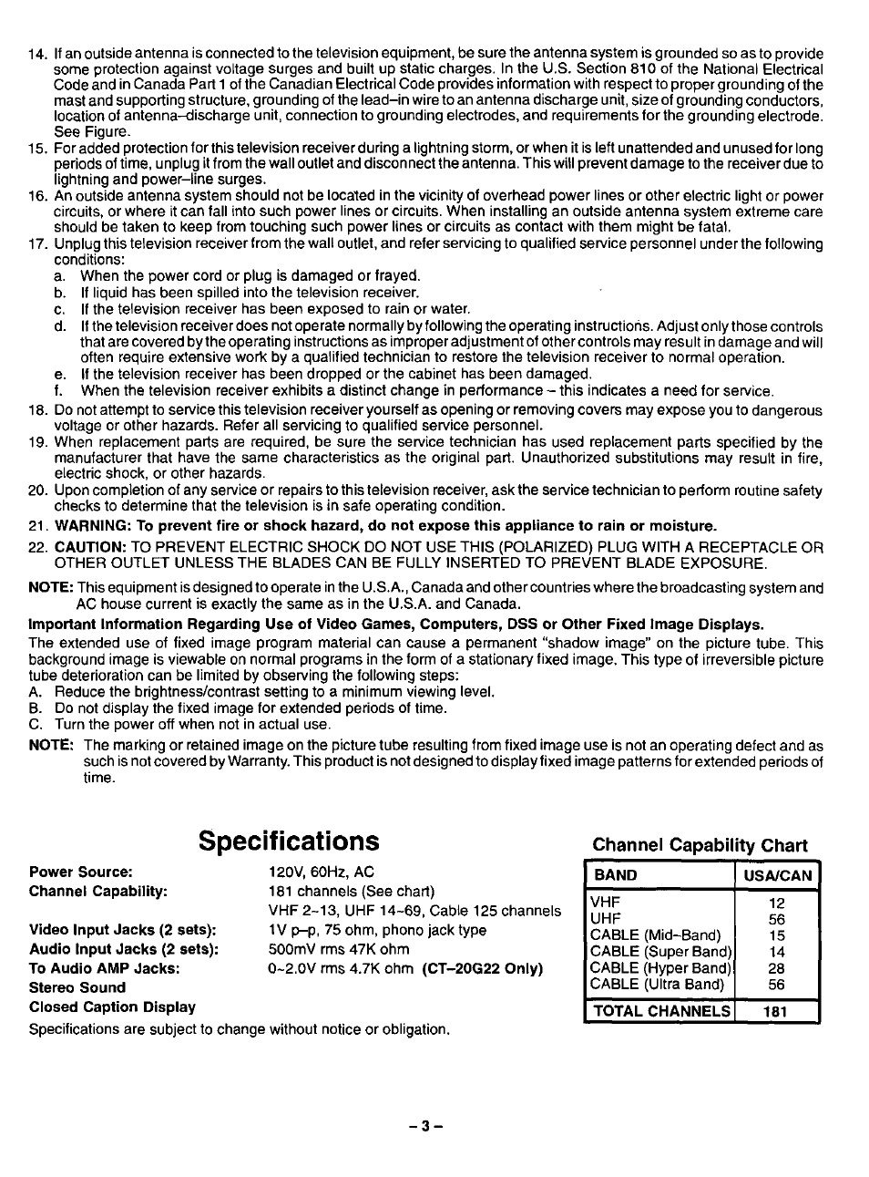 Specifications | Panasonic CT-20G12 User Manual | Page 3 / 24