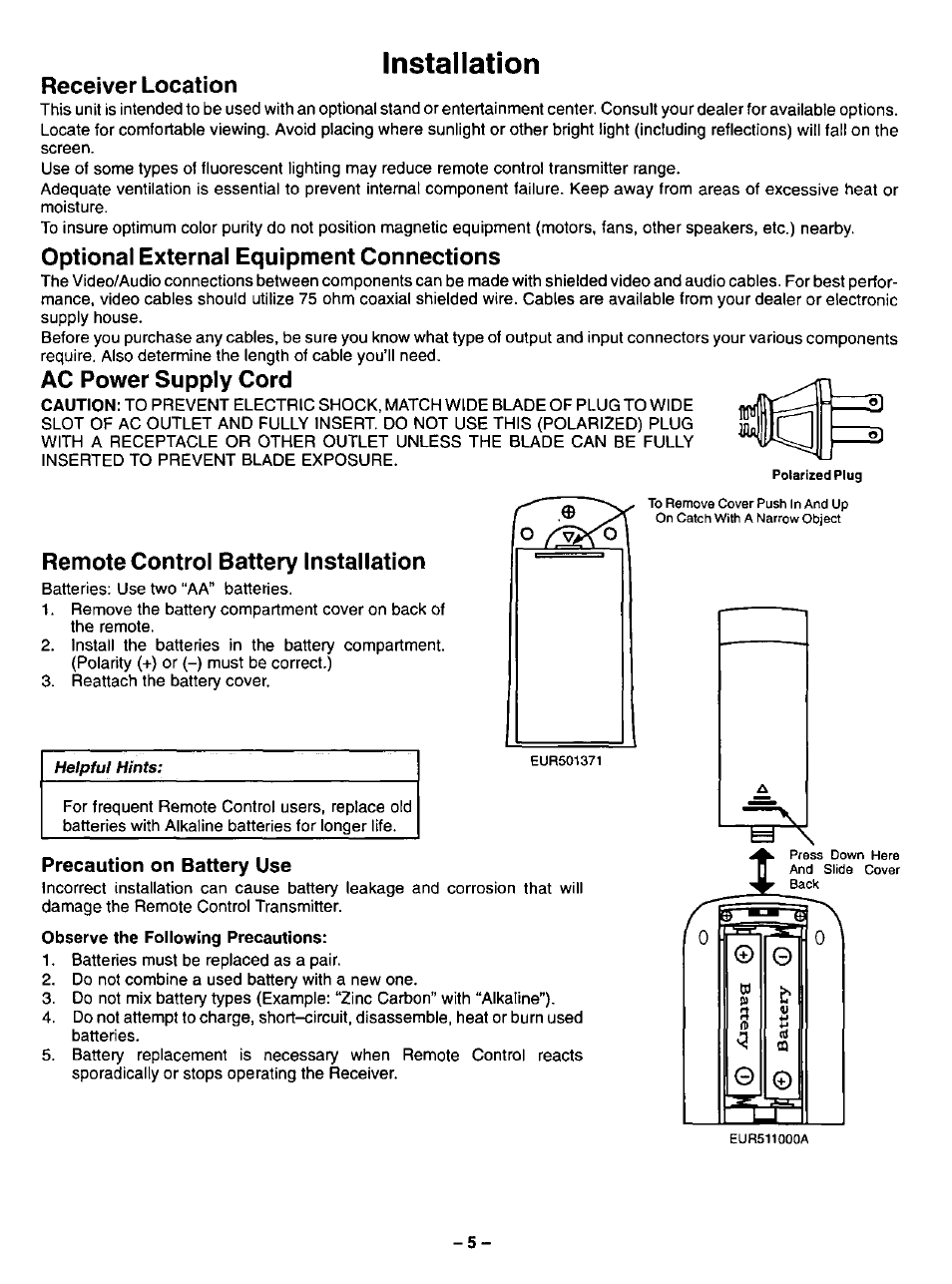 Receiver location, Optional external equipment connections, Ac power supply cord | Remote control battery installation, Precaution on battery use, Installation | Panasonic CT-20G12 User Manual | Page 5 / 24