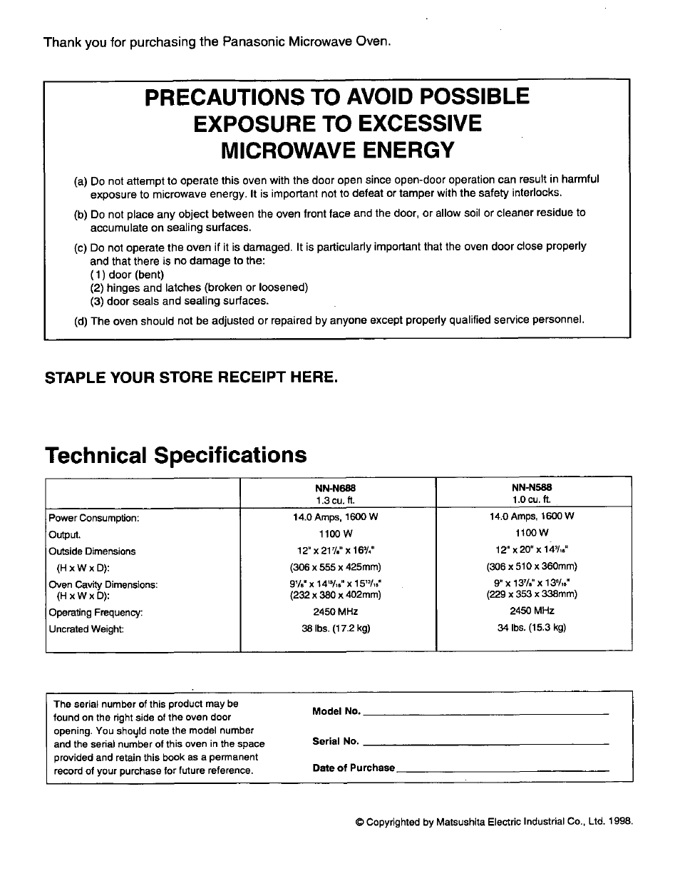 Model no, Serial no, Date of purchase | Technical specifications, Staple your store receipt here | Panasonic GENIUS 1100 NN-N688 User Manual | Page 2 / 56