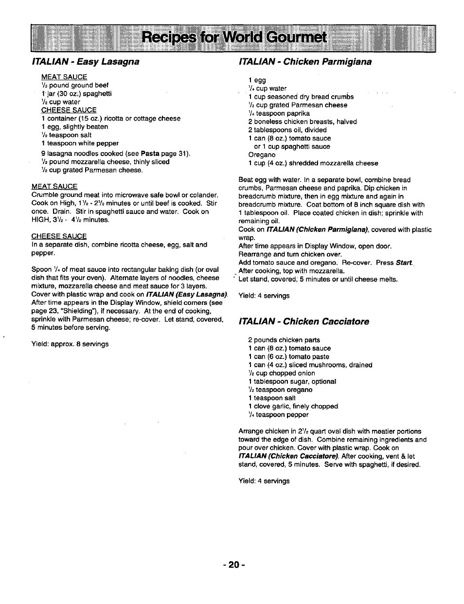 Italian, Easy lasagna italian, Chicken parmigiana | Chicken cacciatore | Panasonic GENIUS 1100 NN-N688 User Manual | Page 22 / 56