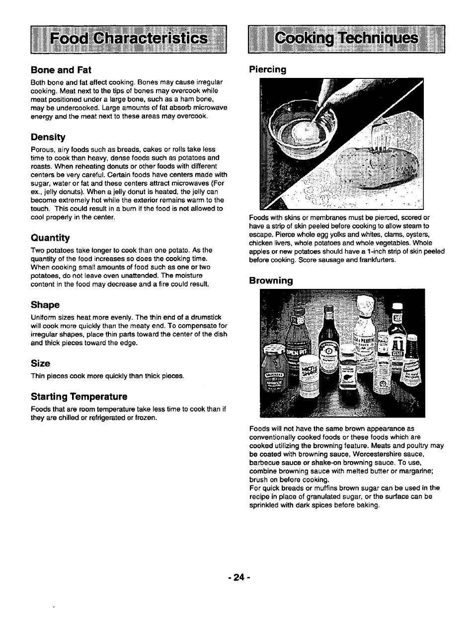 Ioodlliar^teristics, Bone and fat, Quantity | Shape, Size, Starting temperature, Piercing, Browning | Panasonic GENIUS 1100 NN-N688 User Manual | Page 26 / 56