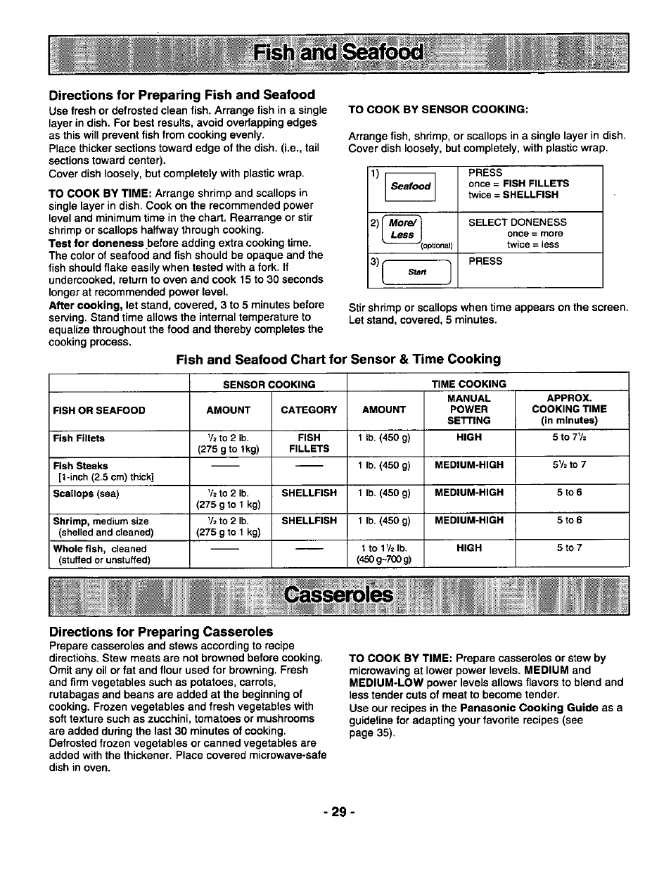 Directions for preparing fish and seafood, To cook by sensor cooking, Fish and seafood chart for sensor & time cooking | Directions for preparing casseroles | Panasonic GENIUS 1100 NN-N688 User Manual | Page 31 / 56