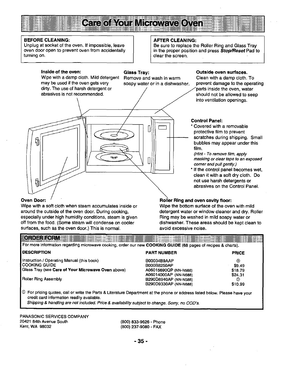 Care of your microwave oven, Before cleaning, After cleaning | Oven door, Outside oven surfaces, Control panel, Roller ring and oven cavity floor, Order form | Panasonic GENIUS 1100 NN-N688 User Manual | Page 37 / 56