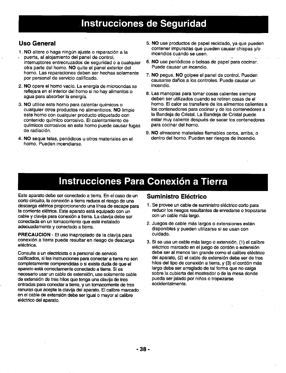 Instrucciones para conexión a tierra, Instrucciones de seguridad, Uso general | Suministro eiéctrico | Panasonic GENIUS 1100 NN-N688 User Manual | Page 40 / 56