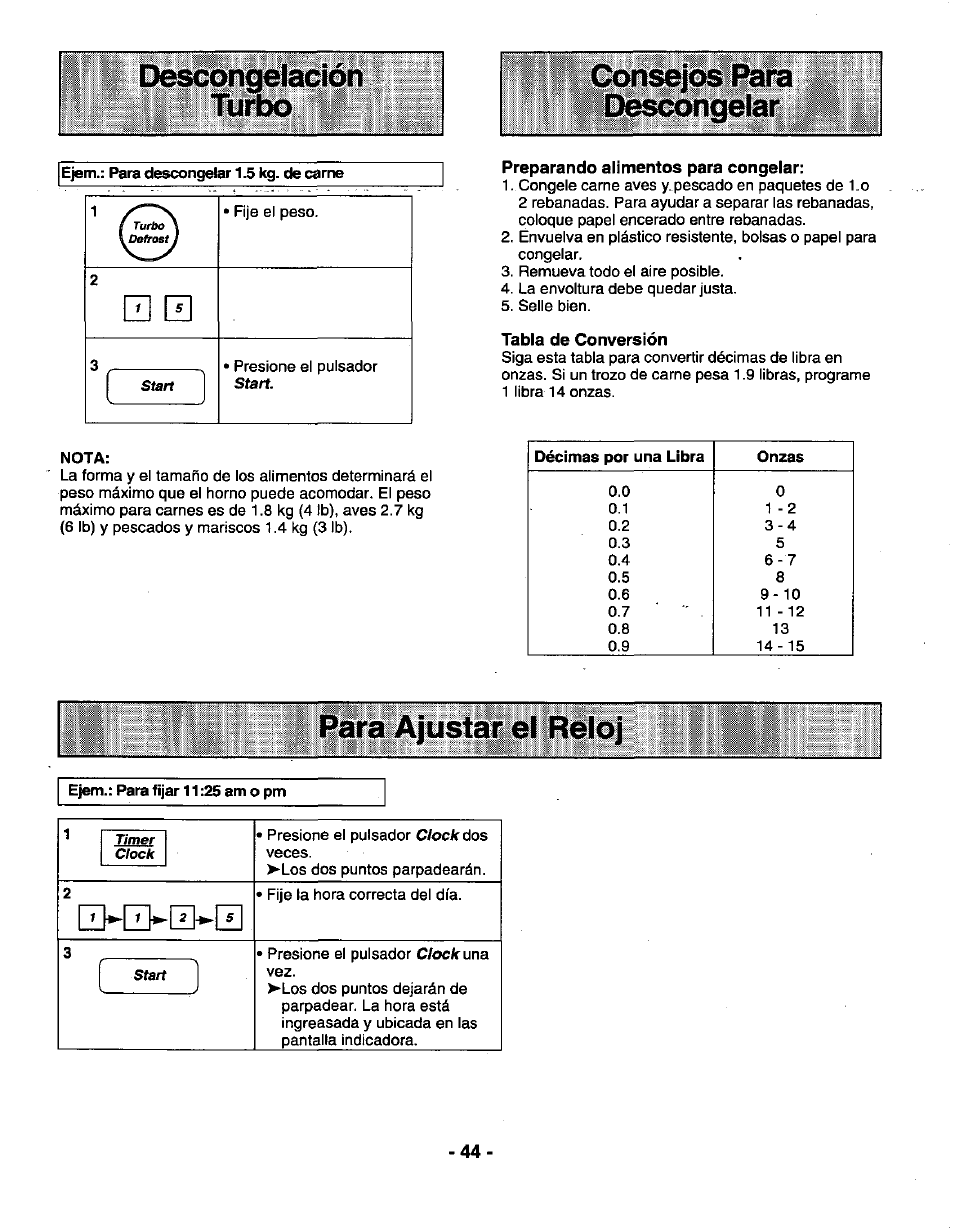 Diècongelación, Para ajustar el reloj | Panasonic GENIUS 1100 NN-N688 User Manual | Page 46 / 56