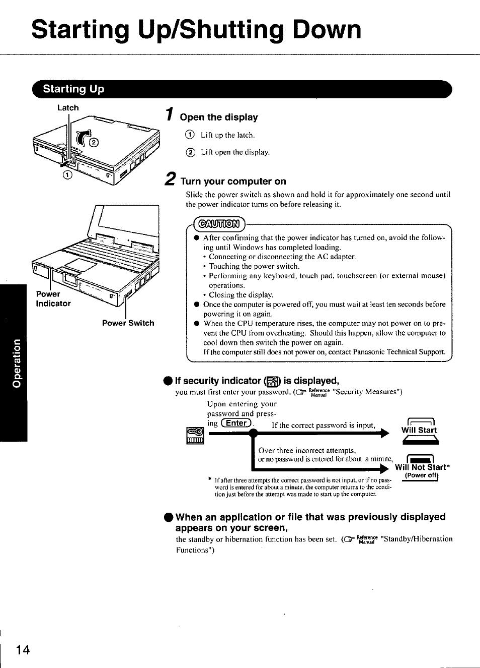 Starting up/shutting down, Starting up, 1 open the display | 2 turn your computer on, If security indicator is displayed, Will start, Will not start | Panasonic CF-M34 series User Manual | Page 14 / 32