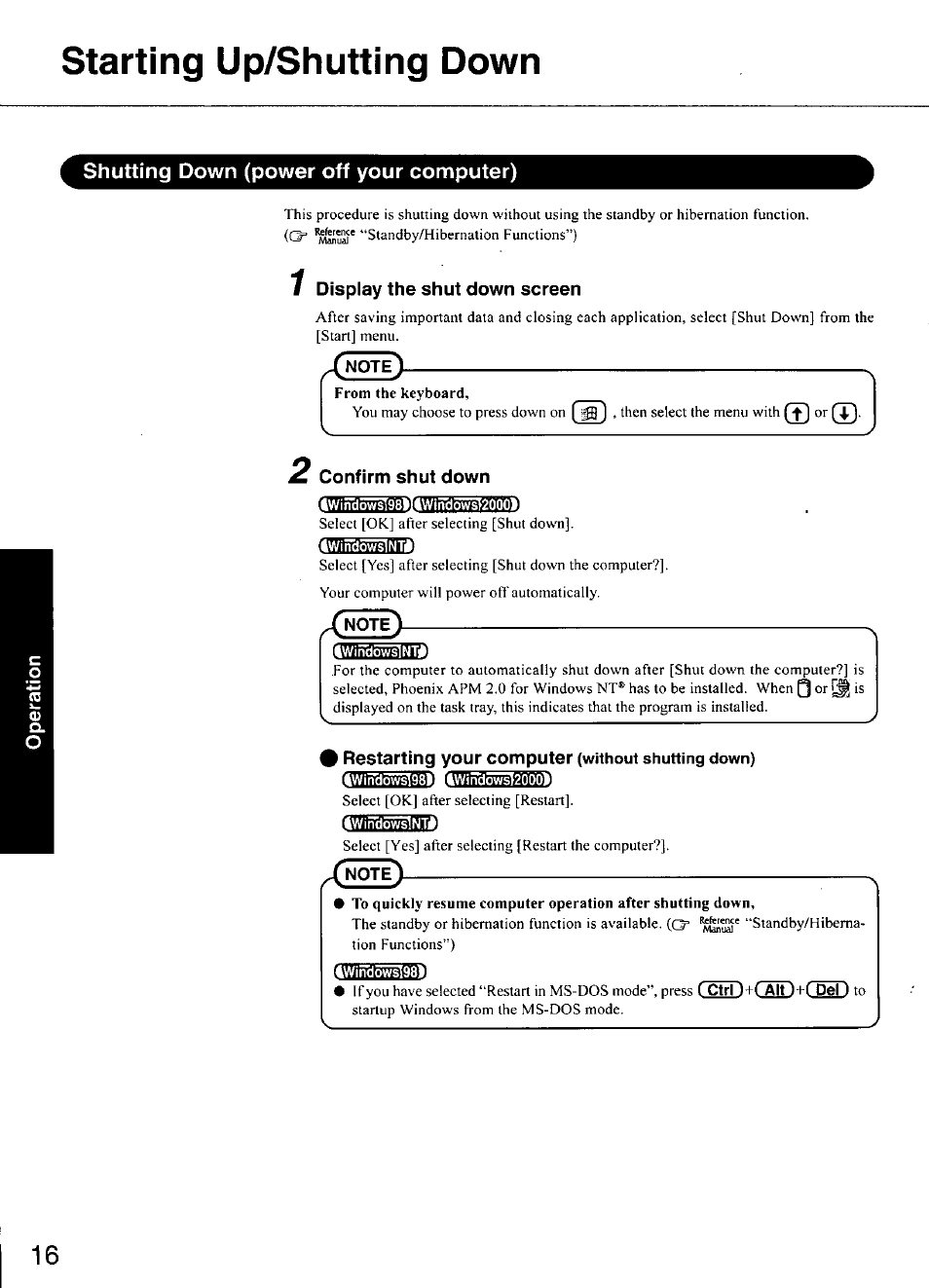 Starting up/shutting down, Shutting down (power off your computer), Display the shut down screen | Confirm shut down, Restarting your computer (without shutting down) | Panasonic CF-M34 series User Manual | Page 16 / 32