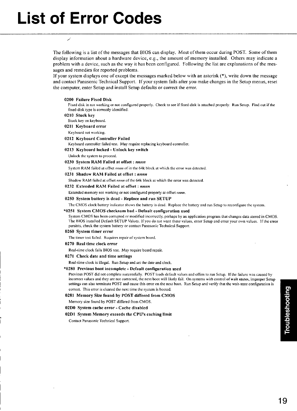 List of error codes | Panasonic CF-M34 series User Manual | Page 19 / 32