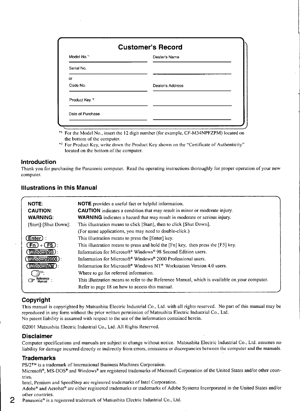 Introduction, Illustrations in this manual, Note | Caution, Warning, Enter), 4winclowsi981, 4win90w^2000l, Twindow^ntil, Copyright | Panasonic CF-M34 series User Manual | Page 2 / 32