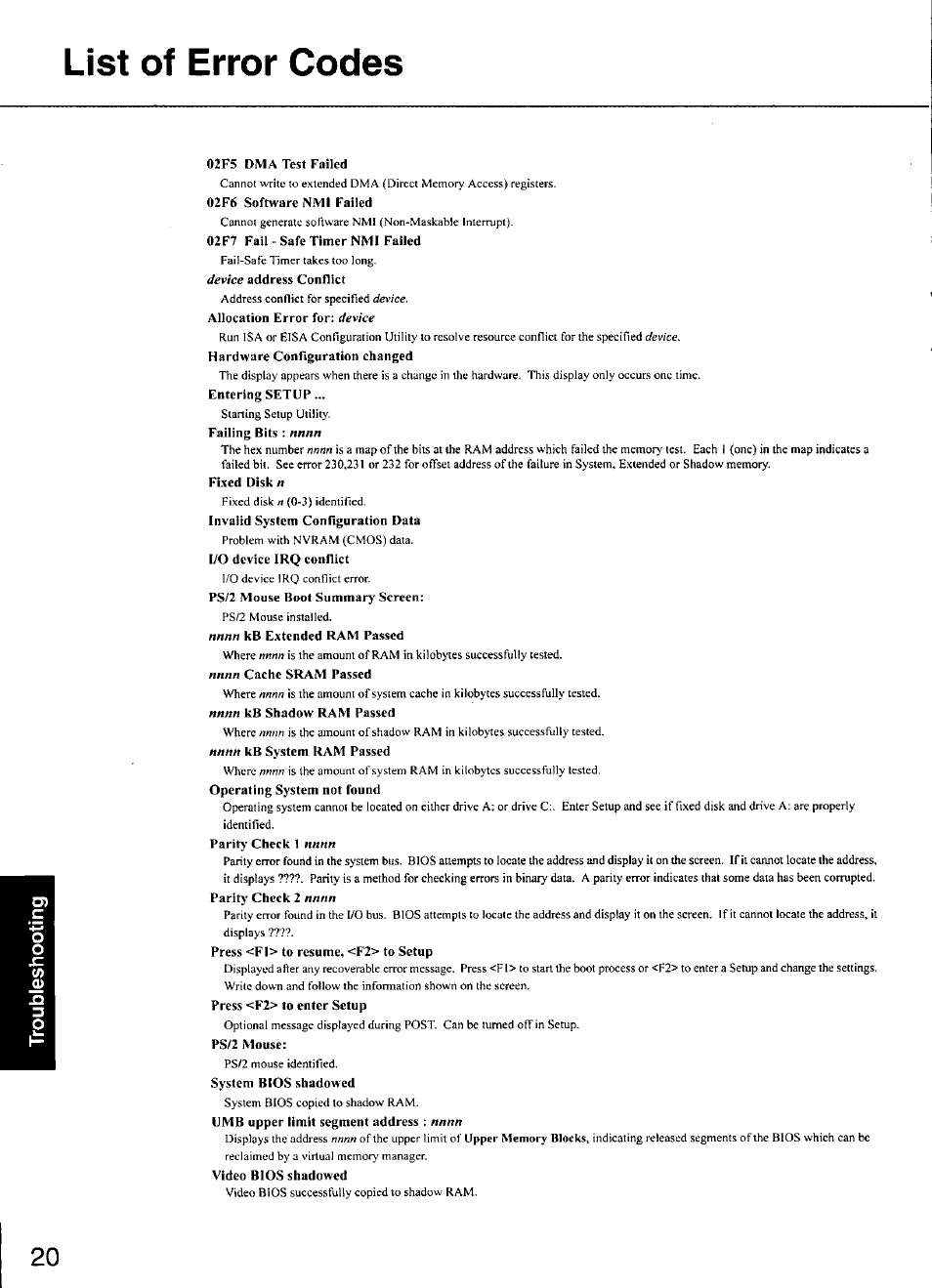 List of error codes | Panasonic CF-M34 series User Manual | Page 20 / 32
