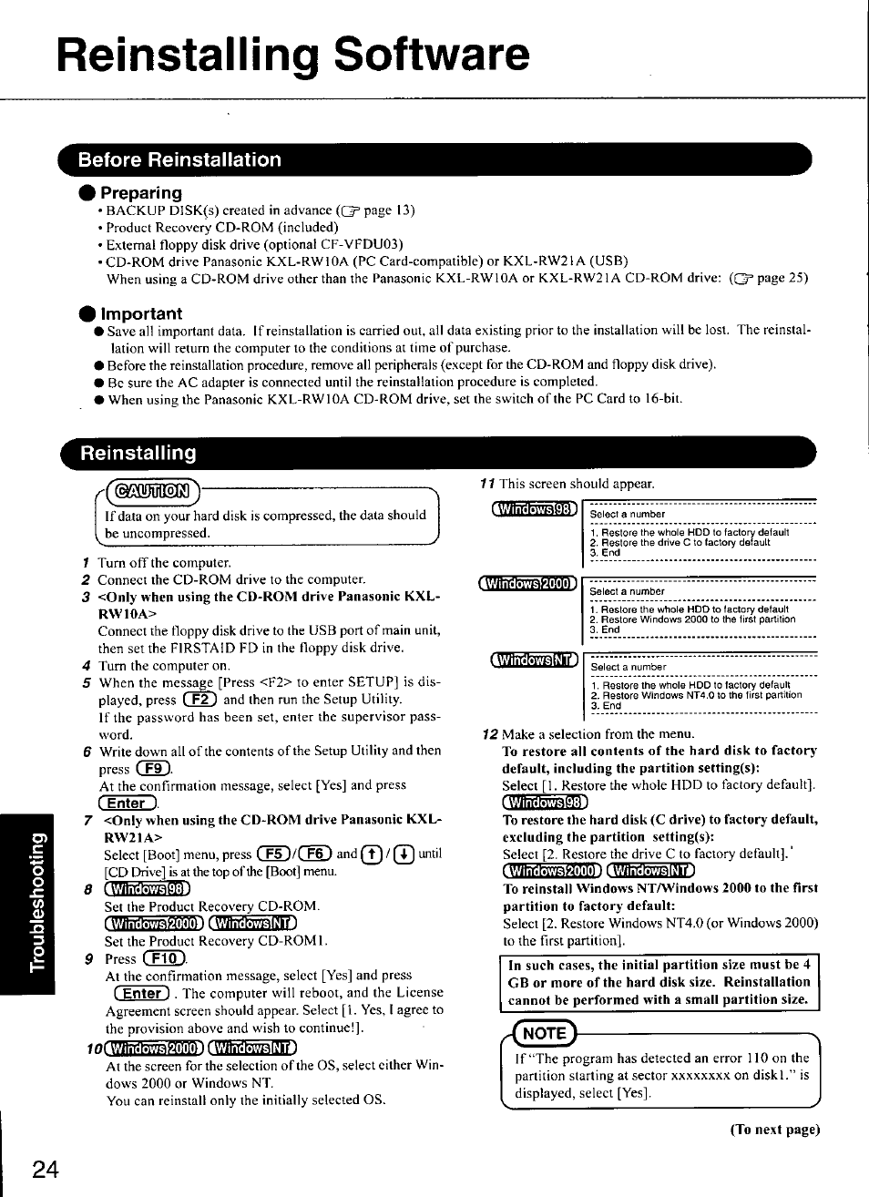 Reinstalling software, Before reinstallation, Preparing | I important, Reinstalling, Note | Panasonic CF-M34 series User Manual | Page 24 / 32