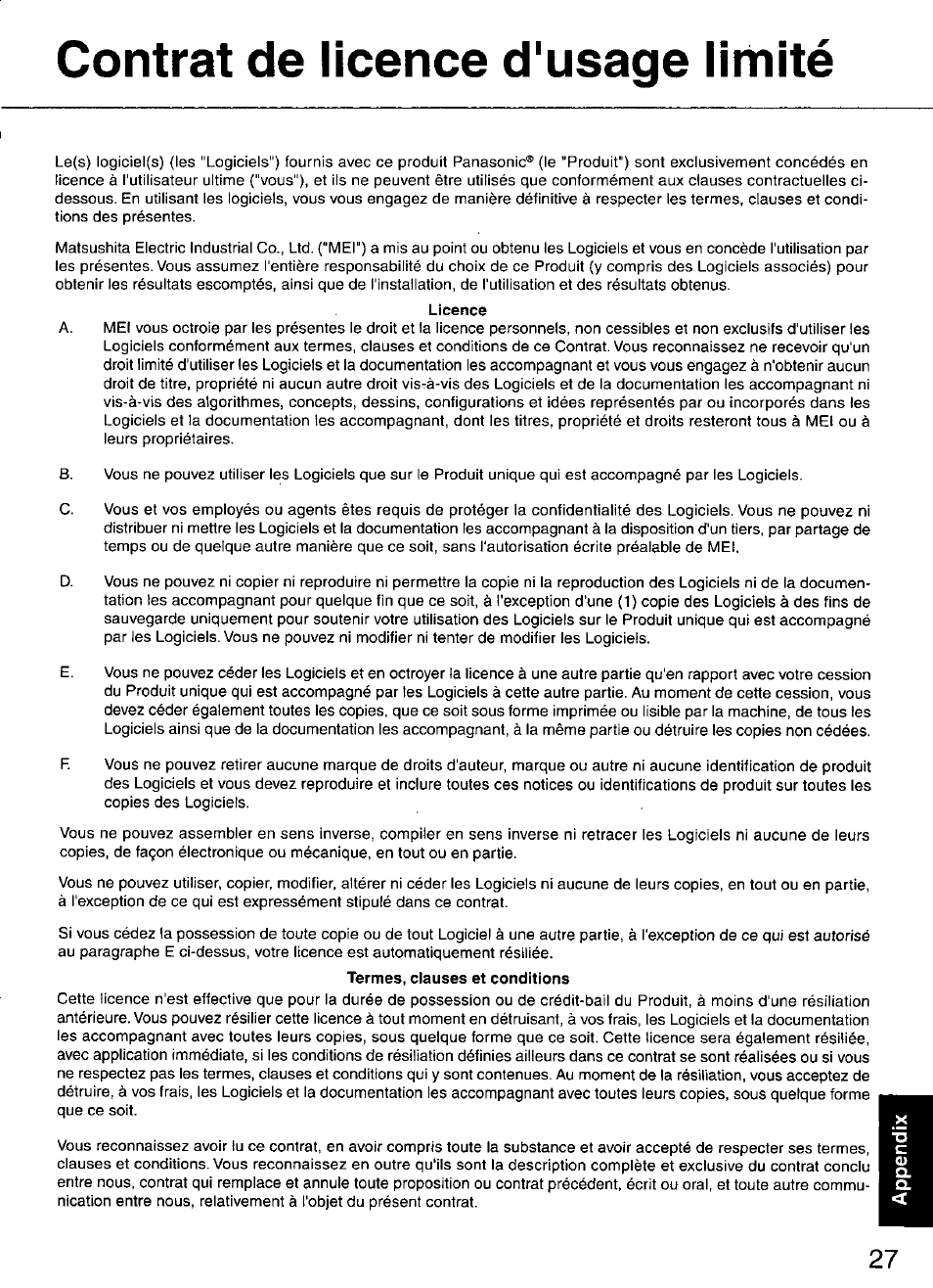 Contrat de licence d'usage limité, Licence | Panasonic CF-M34 series User Manual | Page 27 / 32