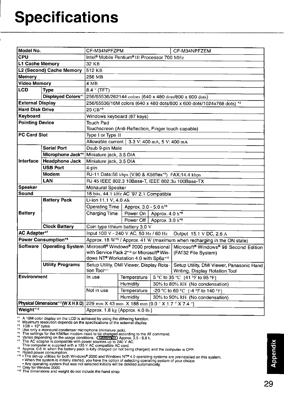 Specifications, Model no, Li cache memory | L2 (second) cache memory, Memory, Video memory, Type, Displayed colors, External display, Hard disk drive | Panasonic CF-M34 series User Manual | Page 29 / 32