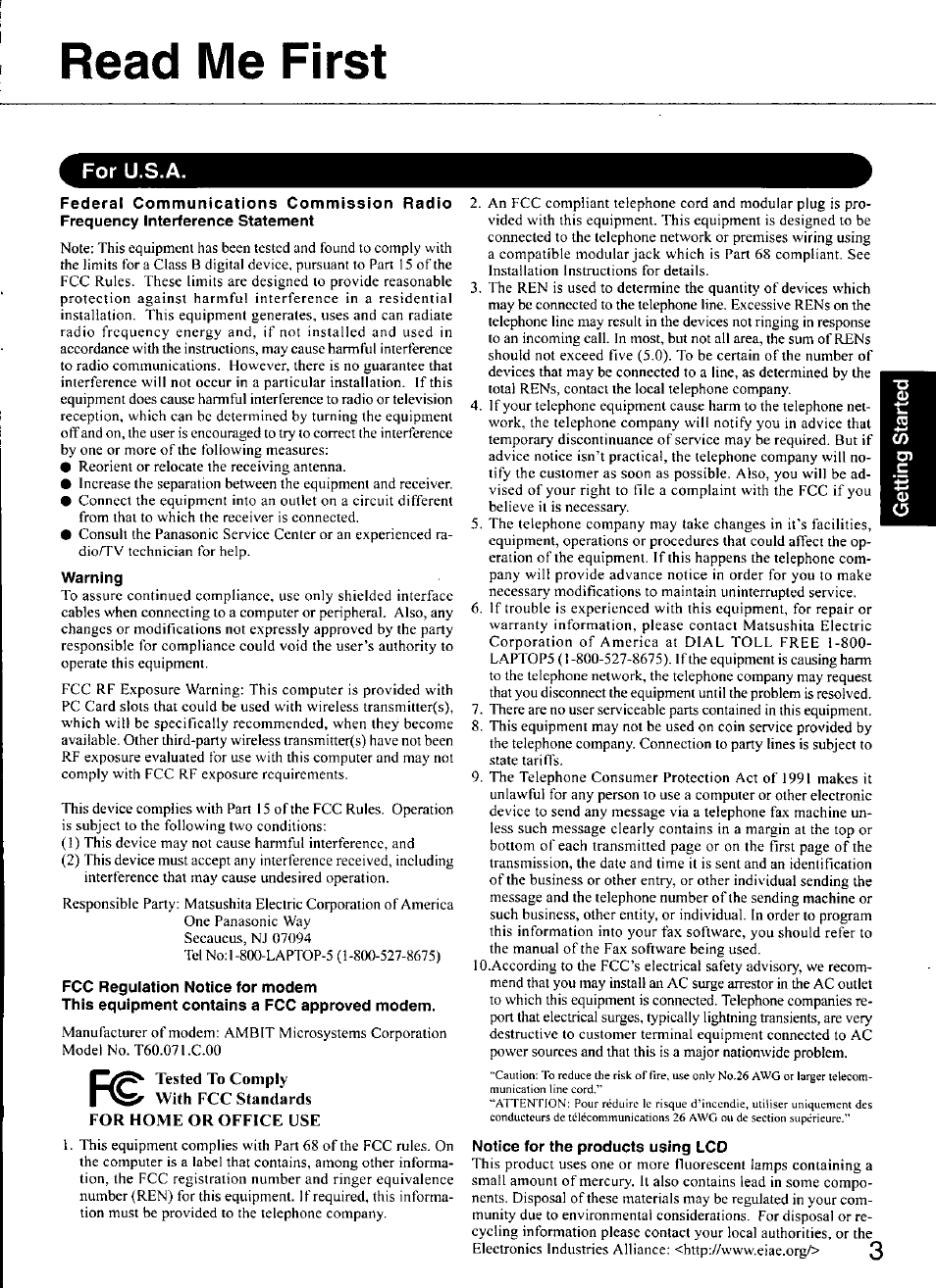 Read me first, For u.s.a | Panasonic CF-M34 series User Manual | Page 3 / 32