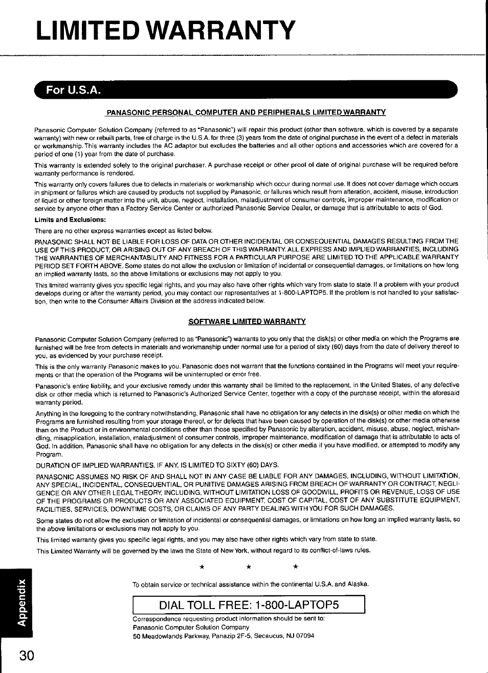 Limited warranty, For u.s.a | Panasonic CF-M34 series User Manual | Page 30 / 32
