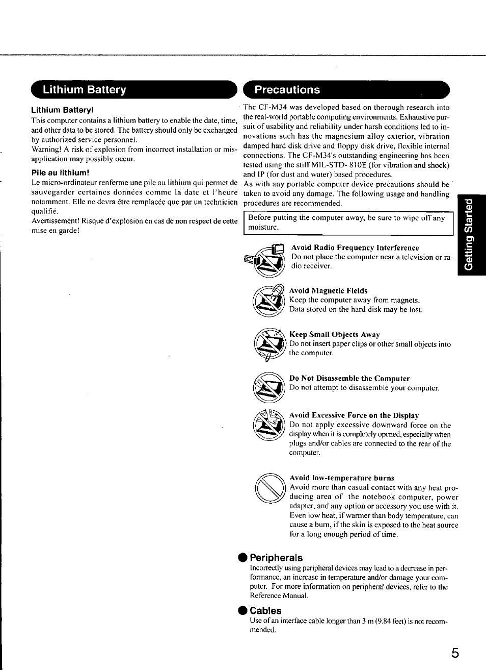 Peripherals, Cables, Lithium battery precautions | Panasonic CF-M34 series User Manual | Page 5 / 32