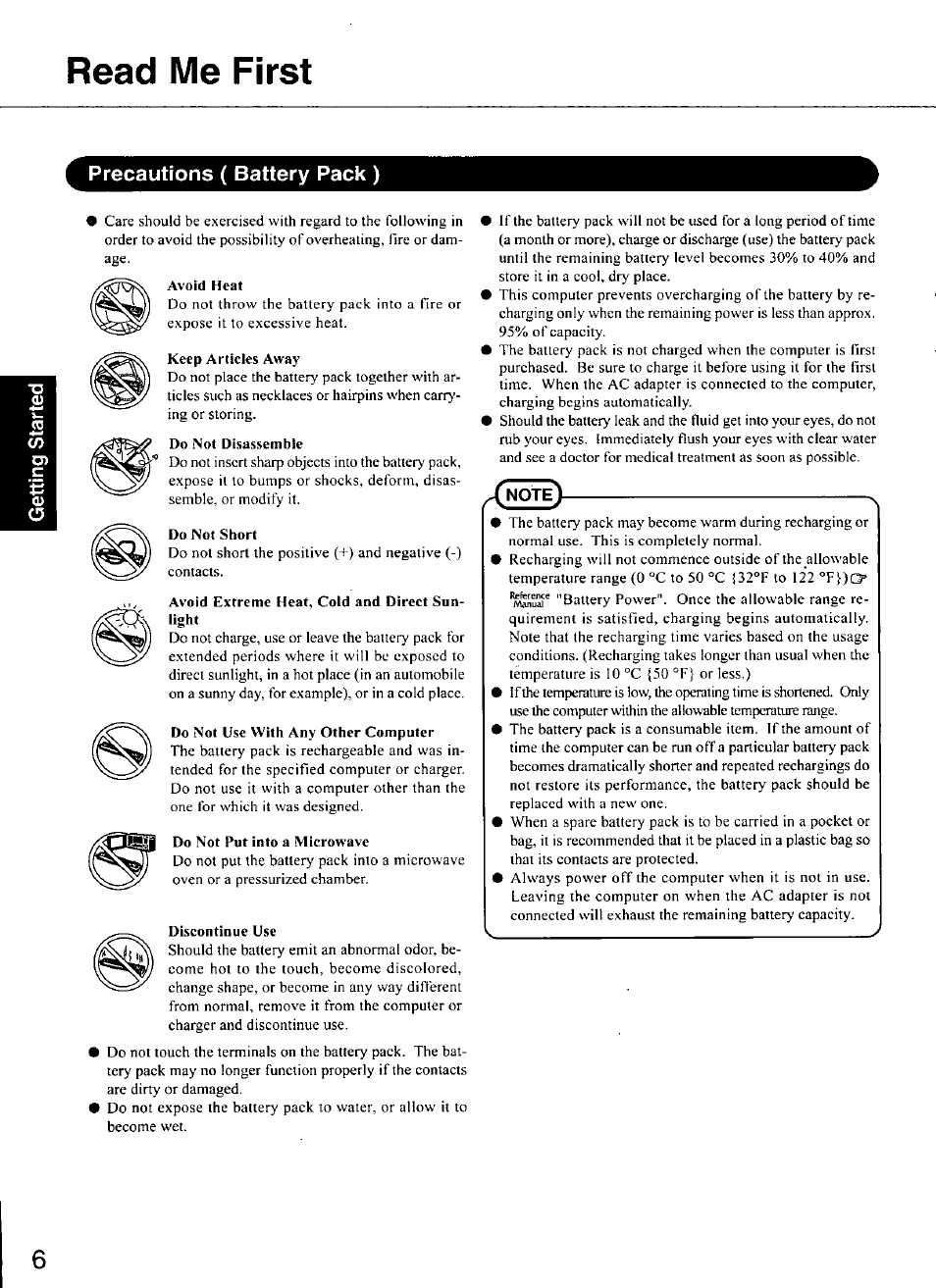 Precautions ( battery pack ), Read me first | Panasonic CF-M34 series User Manual | Page 6 / 32