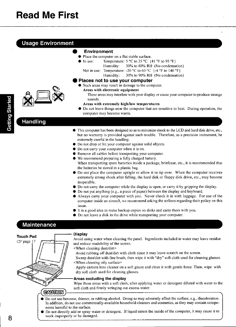 Usage environment, Handling, Environment | Places not to use your computer, Maintenance, Read me first | Panasonic CF-M34 series User Manual | Page 8 / 32