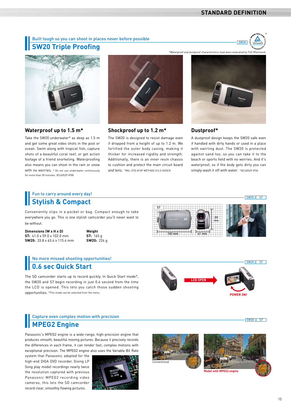 Sw20 triple proofing, Stylish & compact 0.6 sec quick start, Mpeg2 engine | Standard definition | Panasonic 2008 User Manual | Page 15 / 28