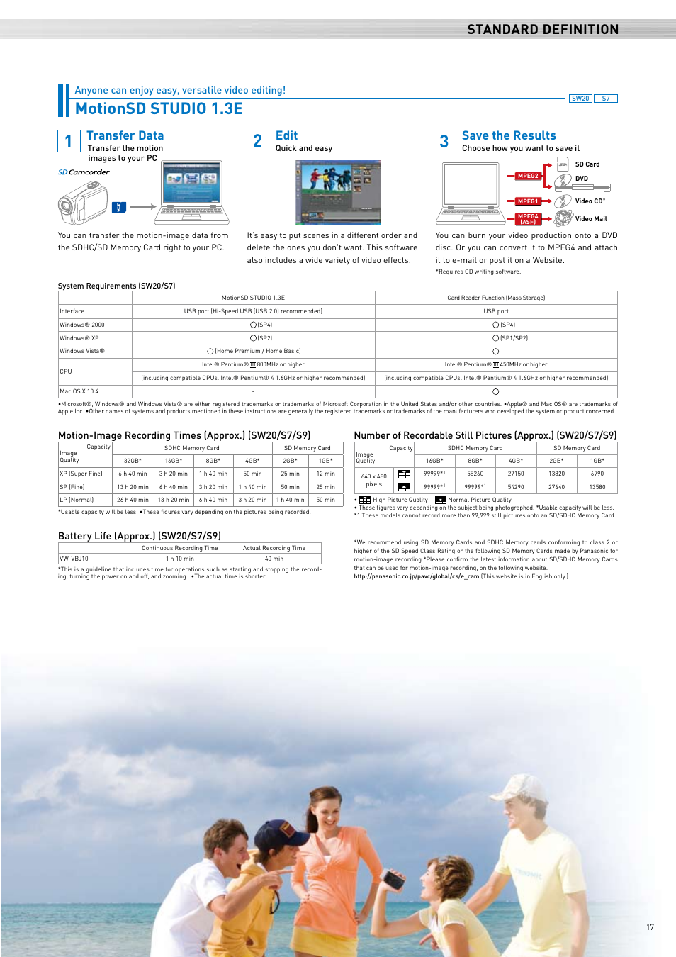 Motionsd studio 1.3e, Standard definition, Save the results | Transfer data, Edit, Anyone can enjoy easy, versatile video editing, Battery life (approx.) (sw20/s7/s9) | Panasonic 2008 User Manual | Page 17 / 28