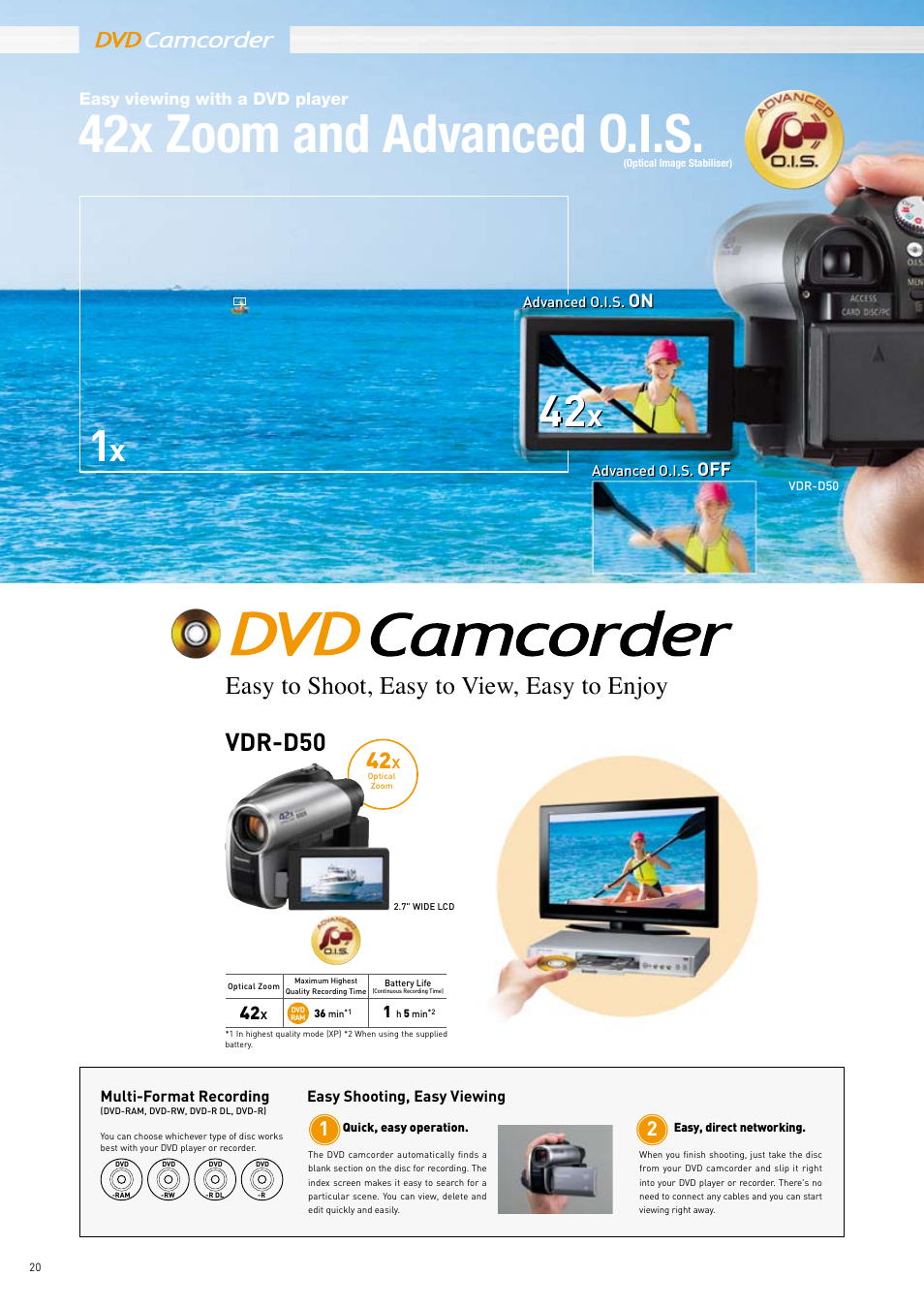 42x zoom and advanced o.i.s, Easy to shoot, easy to view, easy to enjoy vdr-d50 | Panasonic 2008 User Manual | Page 20 / 28