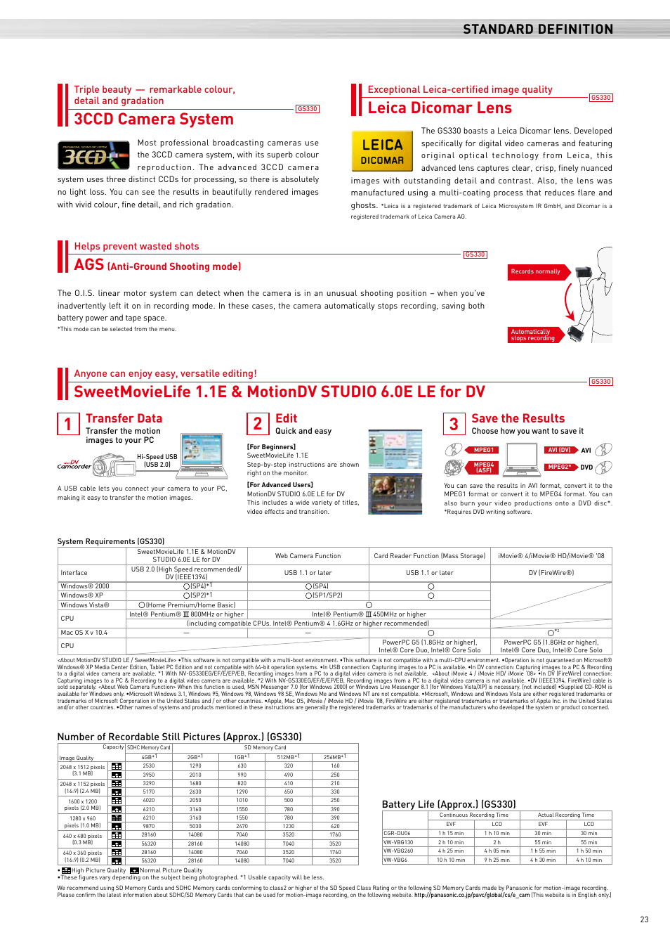 3ccd camera system, Standard definition, Edit | Save the results, Transfer data | Panasonic 2008 User Manual | Page 23 / 28