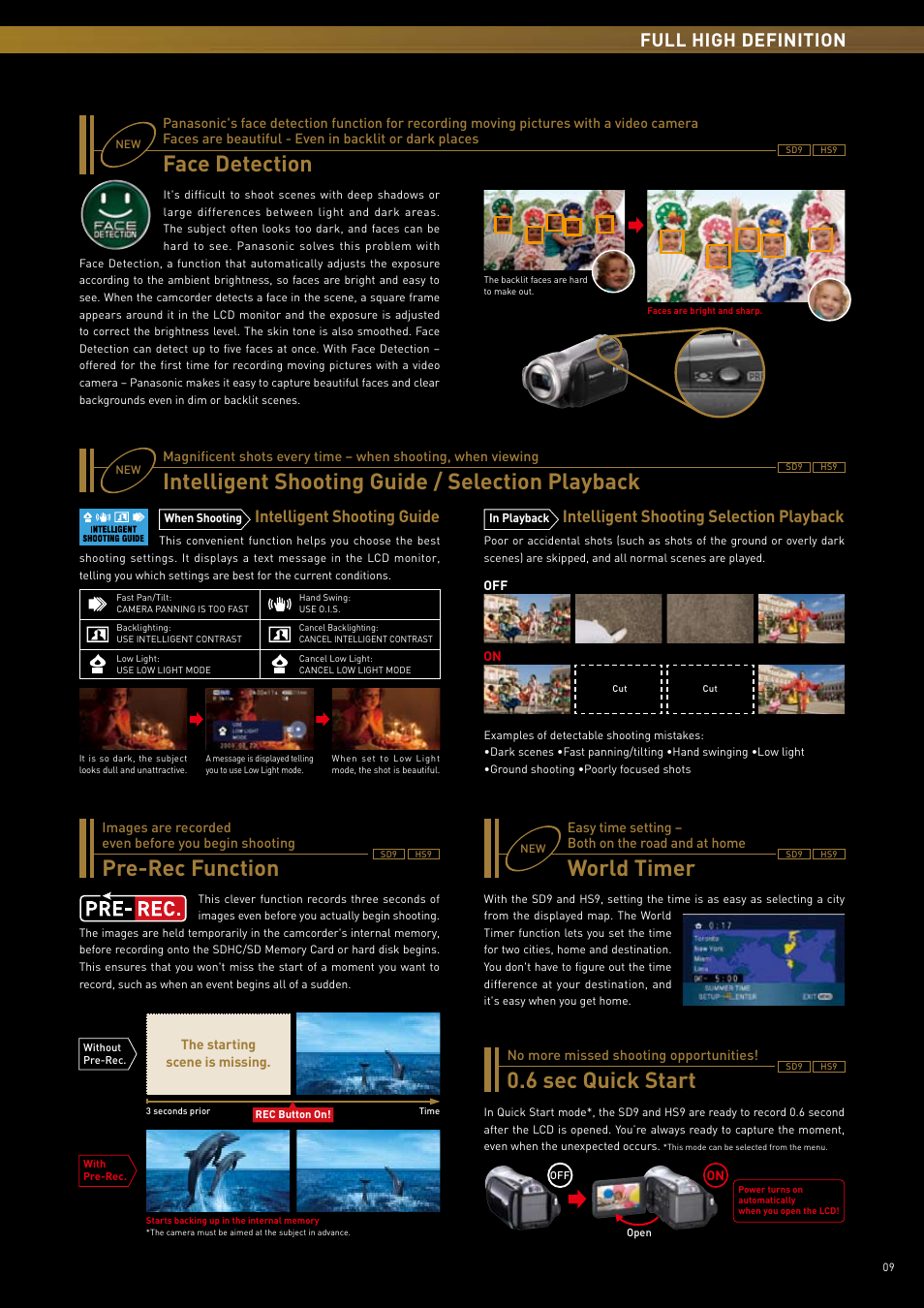 Intelligent shooting guide / selection playback, 6 sec quick start, Pre-rec function | World timer, Face detection, Full high definition, Intelligent shooting guide, Intelligent shooting selection playback | Panasonic 2008 User Manual | Page 9 / 28