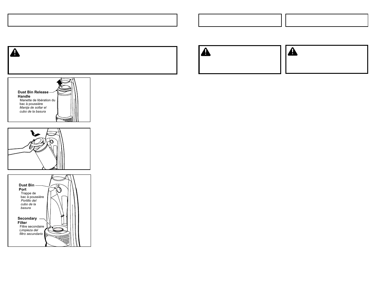 Dust bin cleaning, Warning, Advertencia | Avertissement | Panasonic MC-V413 User Manual | Page 24 / 48