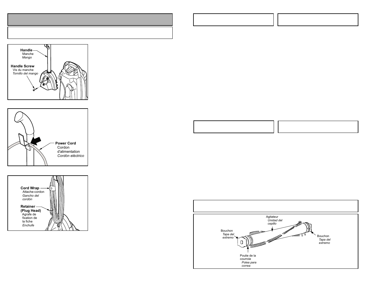 Nettoyage de l agitateur, Remplacement de l agitateur, Assemblage de l agitateur | Limpieza del agitador, Cambio del agitador, Montaje de agitador, Assembly, Attaching handle | Panasonic MC-V413 User Manual | Page 35 / 48