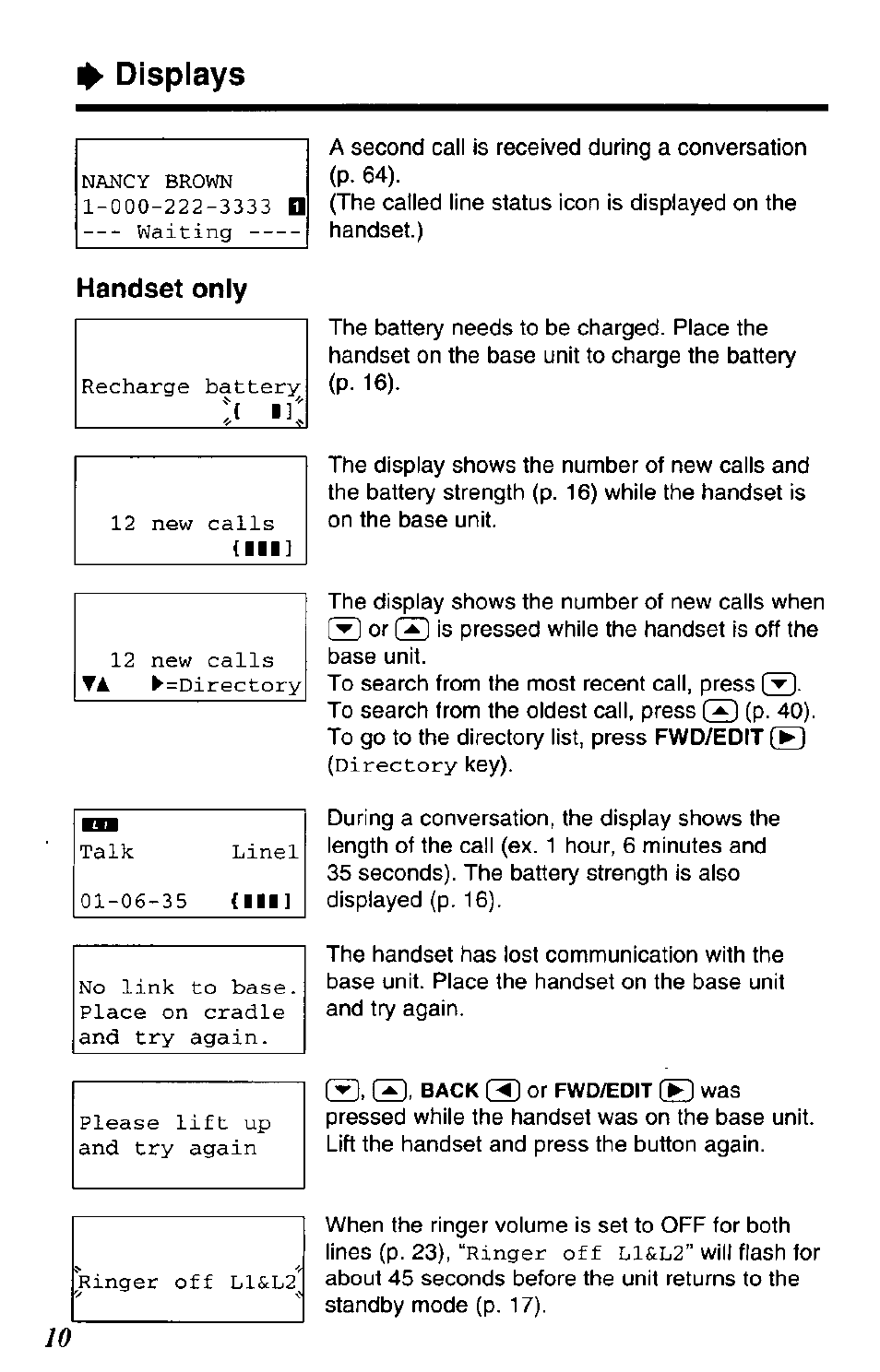 Handset only | Panasonic KX-TC1891B User Manual | Page 10 / 96