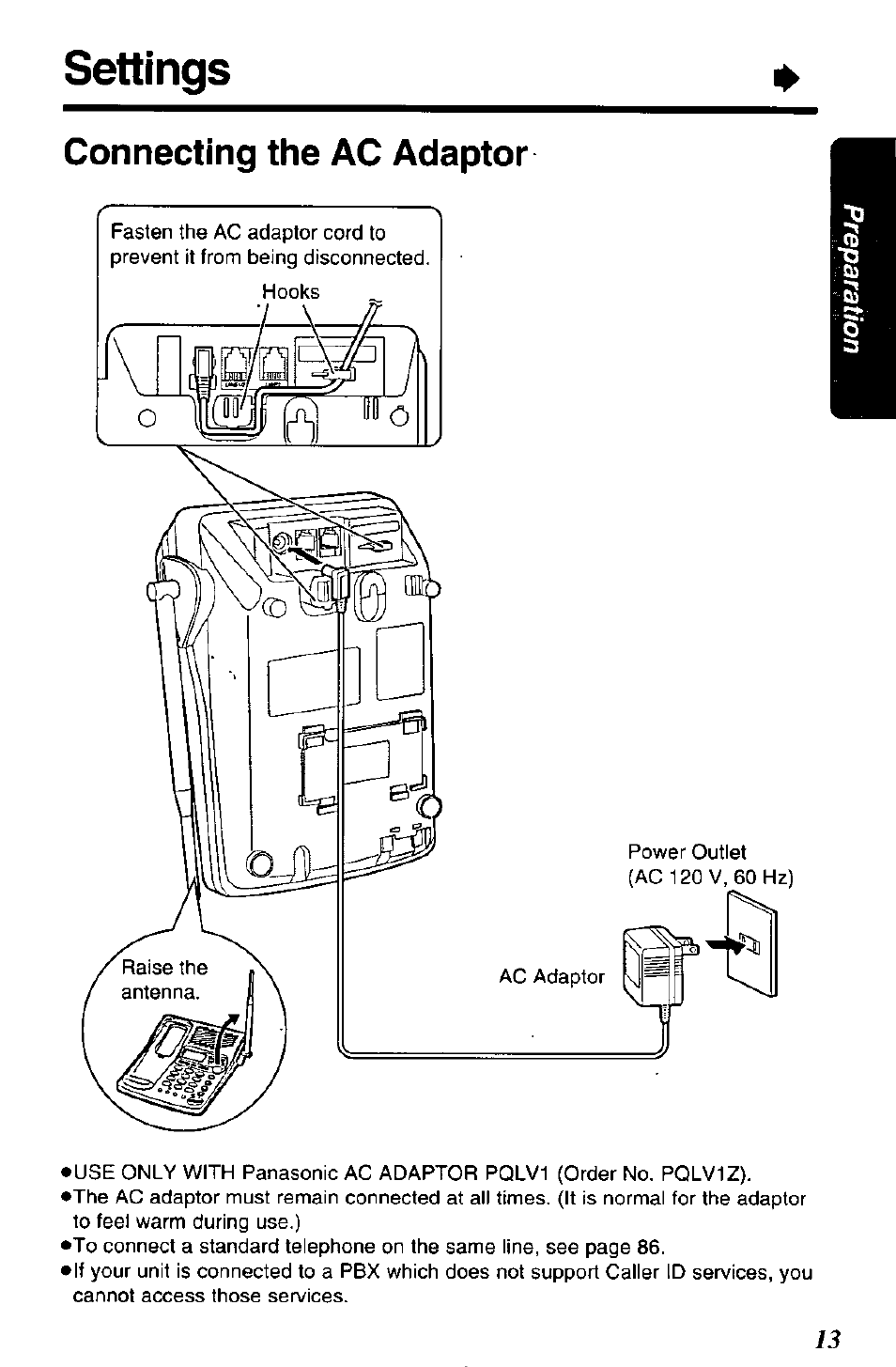 Connecting the ac adaptor, Settings | Panasonic KX-TC1891B User Manual | Page 13 / 96