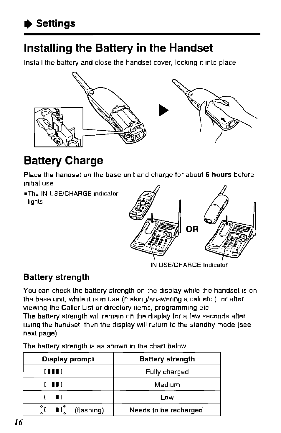 Installing the battery in the handset, Battery charge, Settings | Battery strength | Panasonic KX-TC1891B User Manual | Page 16 / 96