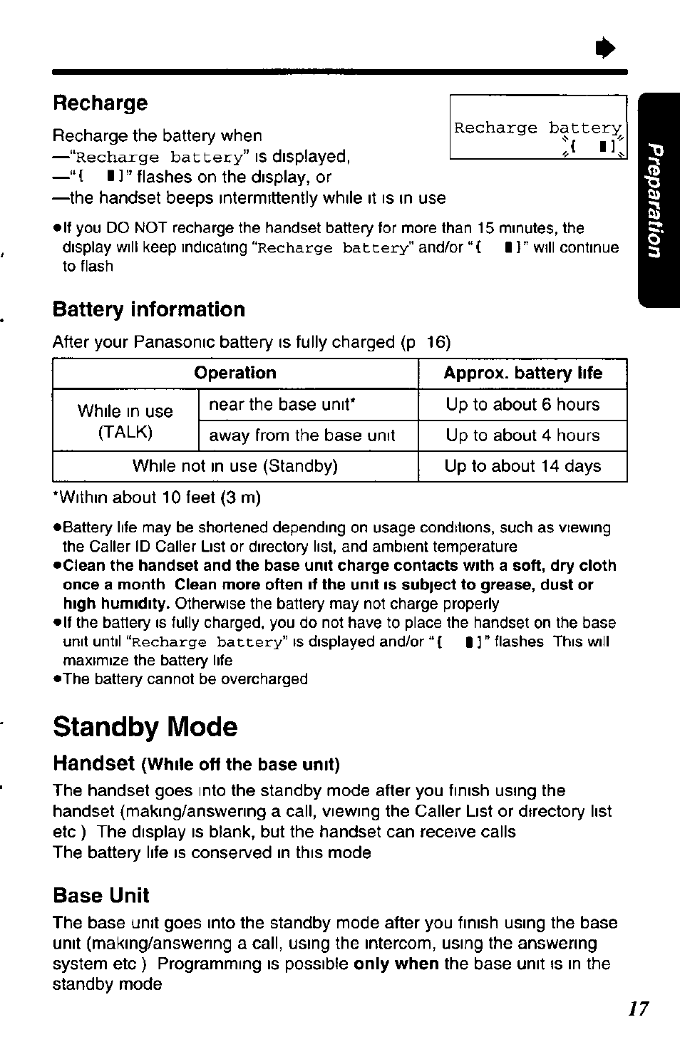 Recharge, Standby mode, Base unit | Battery information, Handset | Panasonic KX-TC1891B User Manual | Page 17 / 96