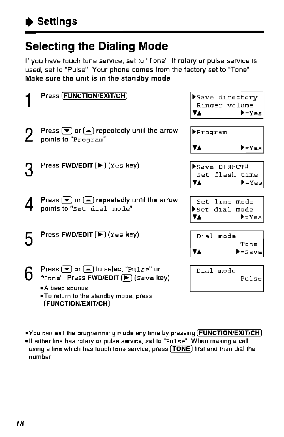 Selecting the dialing mode, Settings | Panasonic KX-TC1891B User Manual | Page 18 / 96