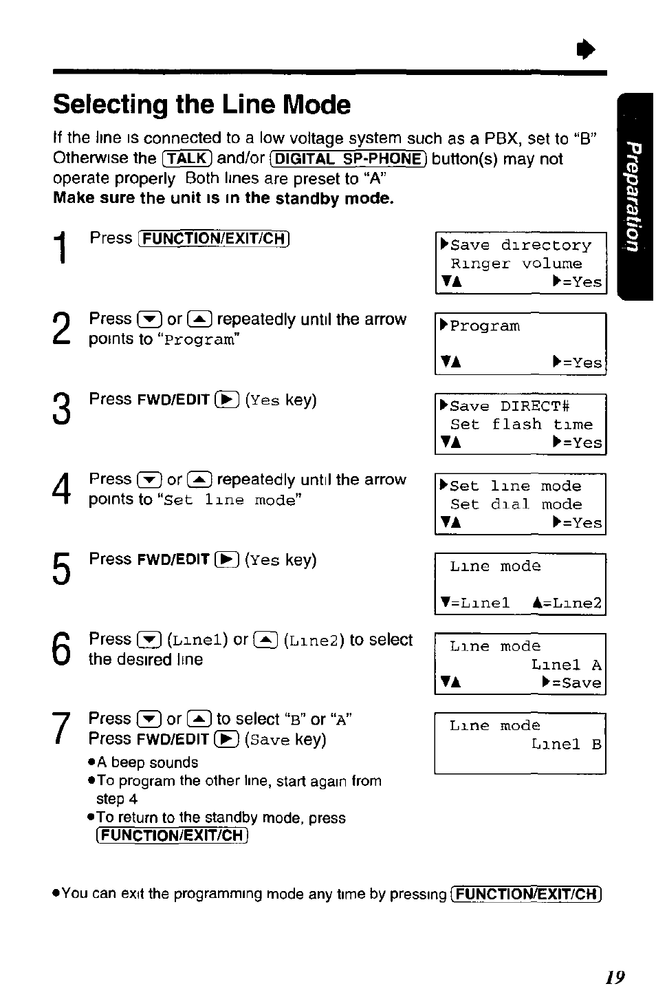 Selecting the line mode | Panasonic KX-TC1891B User Manual | Page 19 / 96