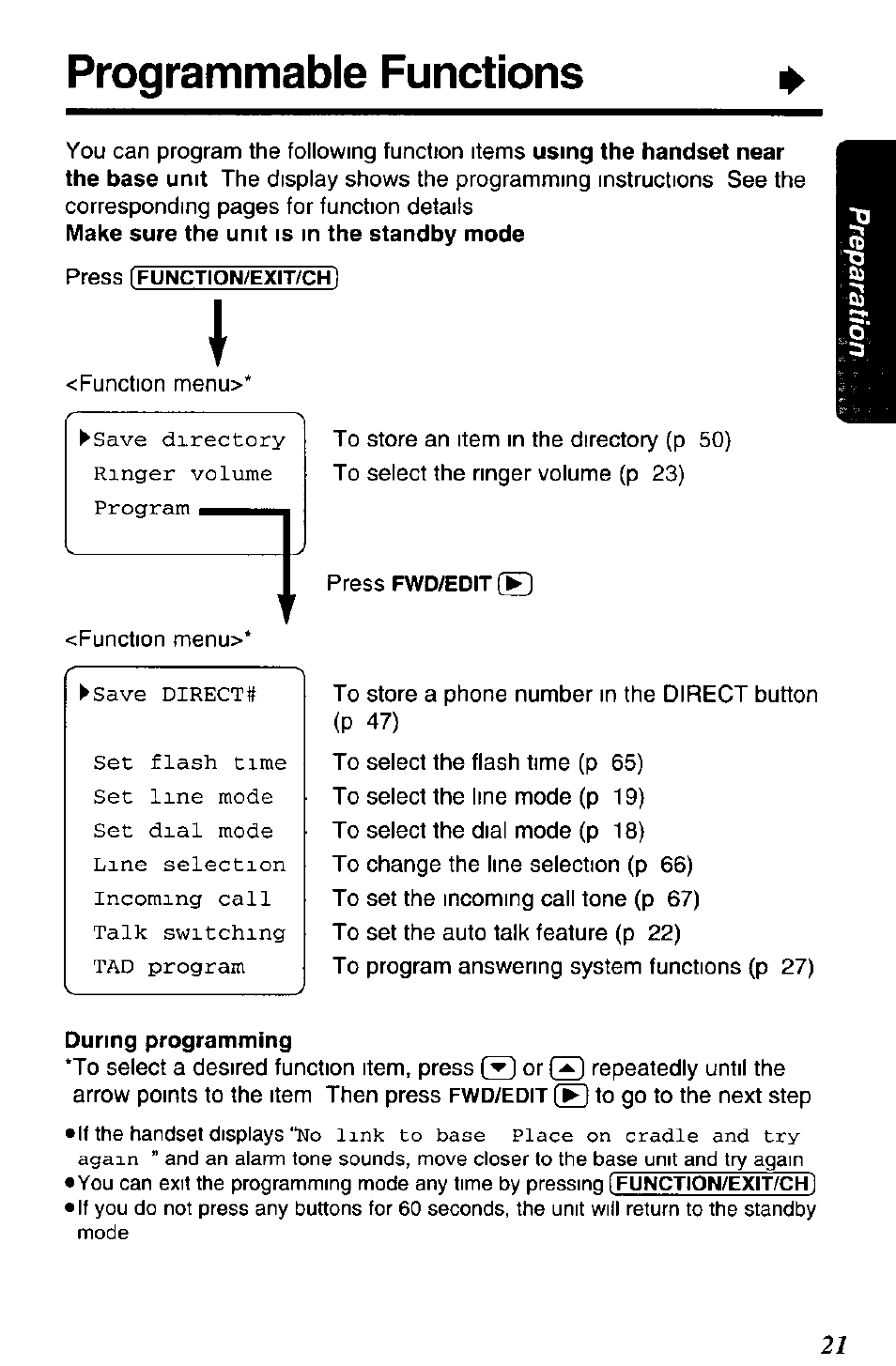 Programmable functions | Panasonic KX-TC1891B User Manual | Page 21 / 96