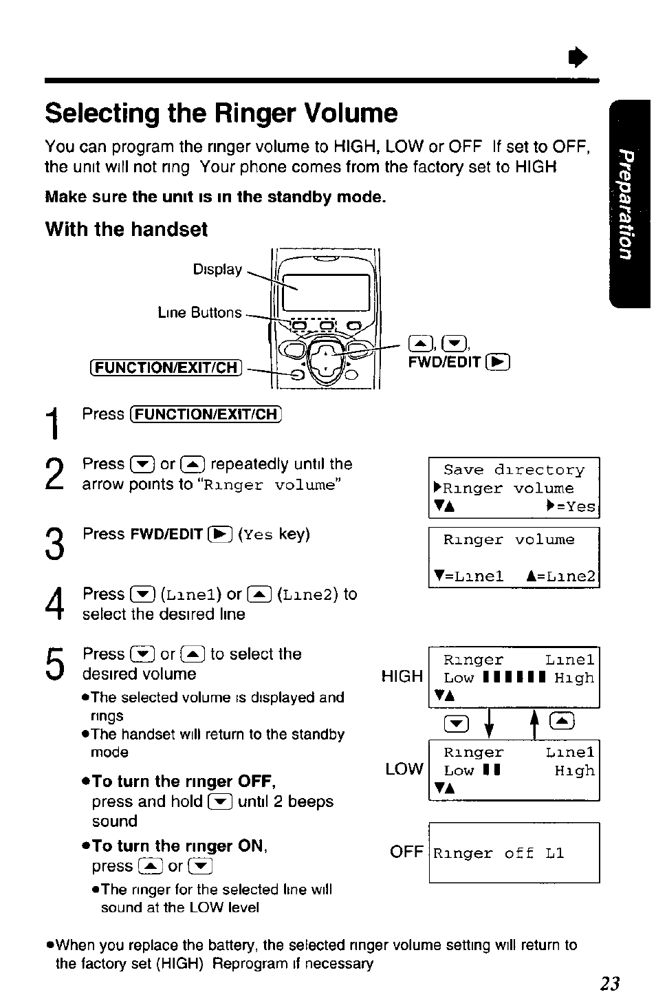 Selecting the ringer volume, With the handset | Panasonic KX-TC1891B User Manual | Page 23 / 96