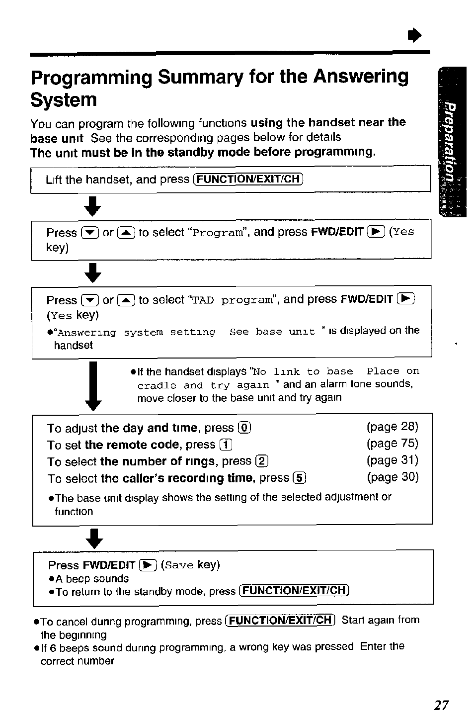 Programming summary for the answering system | Panasonic KX-TC1891B User Manual | Page 27 / 96