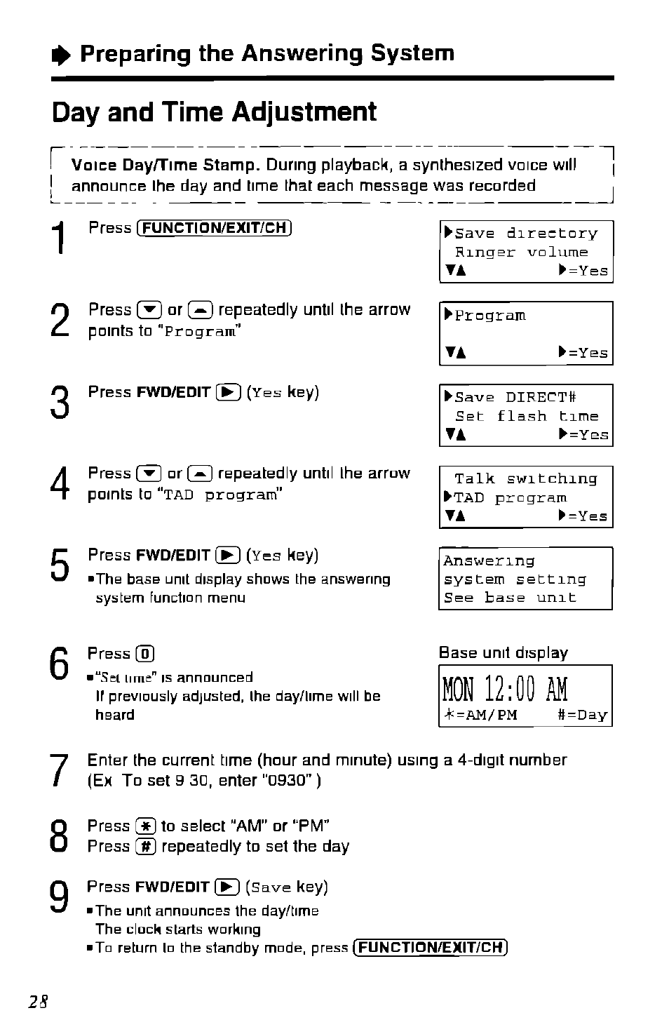 Day and time adjustment, Mon 12:00 am, Preparing the answering system | Panasonic KX-TC1891B User Manual | Page 28 / 96