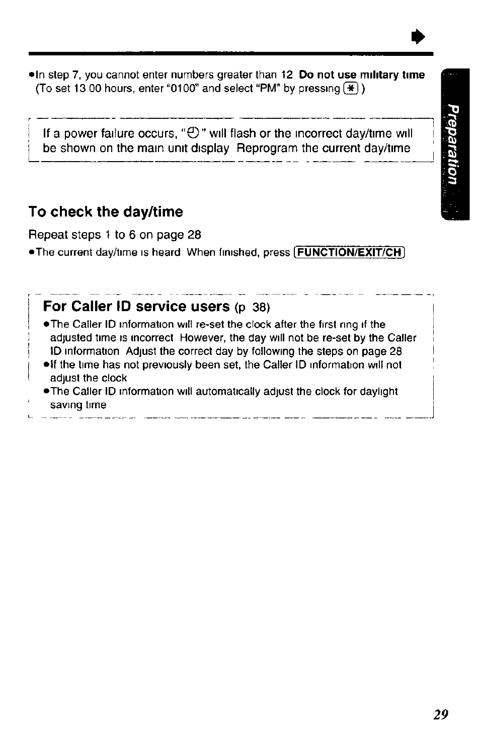 To check the day/time, For caller id service users (p 38), For caller id service users | Repeat steps 1 to 6 on page 28, P 38) | Panasonic KX-TC1891B User Manual | Page 29 / 96