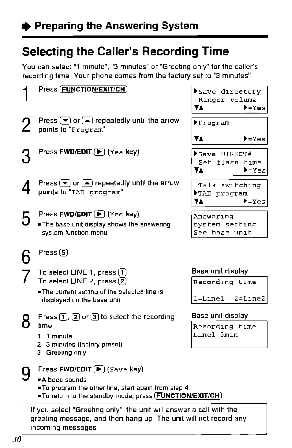 Selecting the caller’s recording time, Preparing the answering system | Panasonic KX-TC1891B User Manual | Page 30 / 96